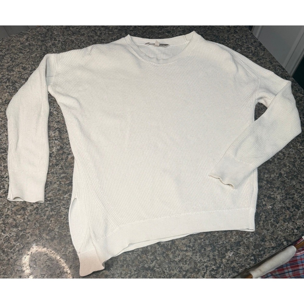Athleta Pima Cotton Tencel Silk Ribbed Asymmetrical Hem Sweater Cream White‎ S